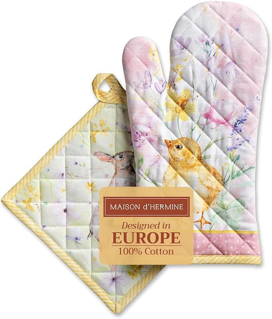Maison d' Hermine 100% Cotton Oven Mitt & Pot Holder Set (7.5"x13" & 8"x8") Heat Resistant BBQ Cooking Gloves with Loop, Baking, Grilling, Kitchen, Handling Hot Pans Spring/Summer (Easter Zest)