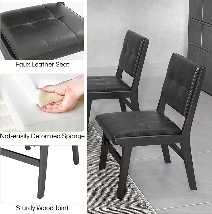 KCC Modern PU Leather Dining Chairs Set of 6, Upholstered Kitchen Chairs with Solid Wood Legs and Comfortable Seat for Dining Room/Lounge/Bedroom(Black)