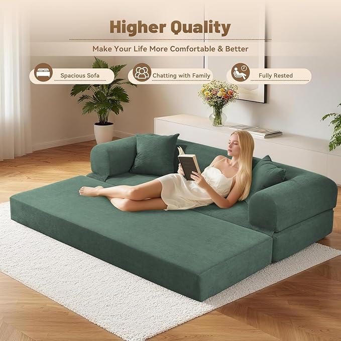 Convertible Futon Sofa Bed,80" Folding Pull Out Couch with Pillows & Storage Pocket, Oversized Queen Sleeper Sofa in a Box,Corduroy Boneless Couch for Living Room,Light Green
