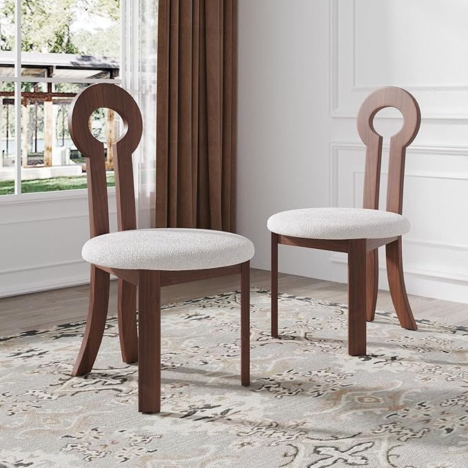 Wooden Dining Chairs Set of 2 Upholstered Kitchen & Dining Room Sherpa Chairs, Mid Century Modern Dining Chairs White with Walnut Legs