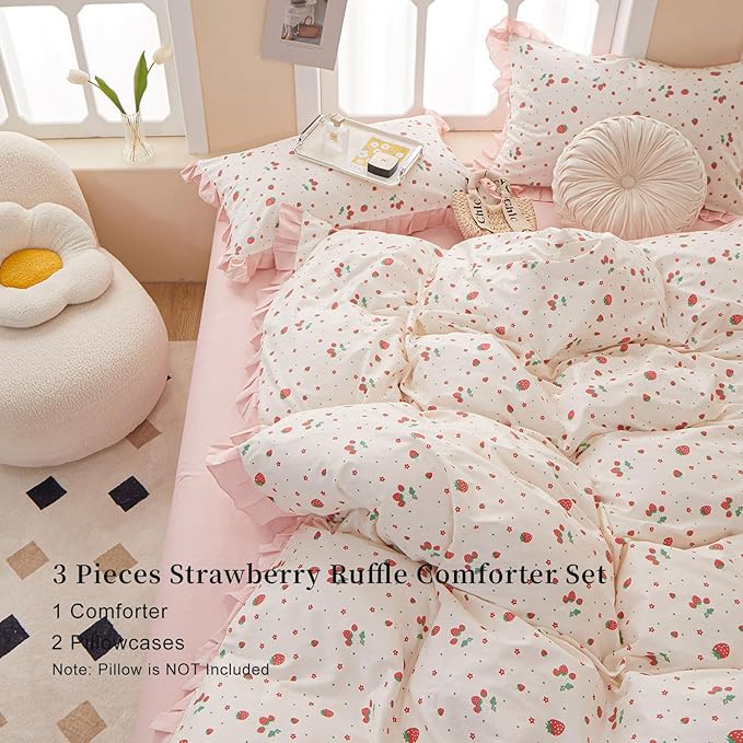 EAVD Kawaii Strawberry Comforter Set Queen White Fluffy Microfiber Fruit Strawberry Bedding Set for Girls Women Ruffled Cute Comforter Set 1 Queen Bed Comforter and 2 Pillowcases for All-Season