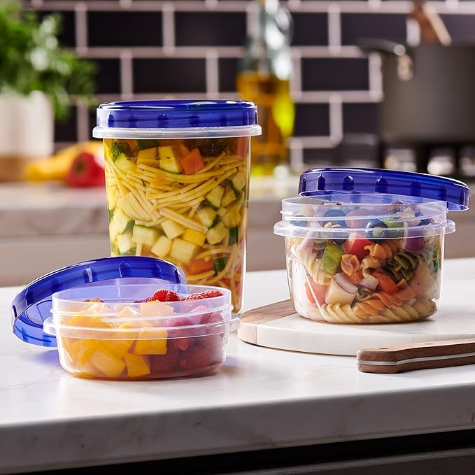 PLASTICPRO 12 Pack Twist Cap Food Storage Containers with Blue Screw on Lid- 32 oz Reusable Meal Prep Containers - Freezer and Microwave Safe Blue Plastic Food Storage