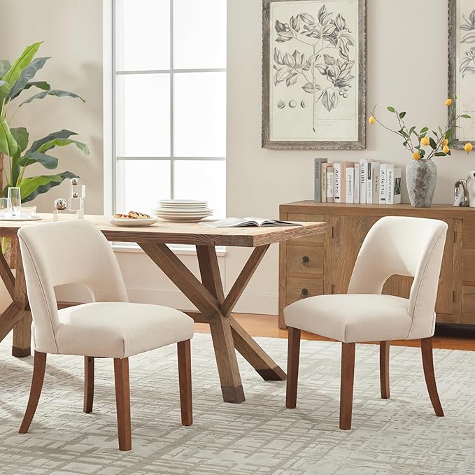 VKNOW Wooden Dining Chairs Set of 2, Modern Fabric Upholstered Dining Room Chair Kitchen Chairs, Farmhouse Dinner Chair for Kitchen Dining Room, Beige