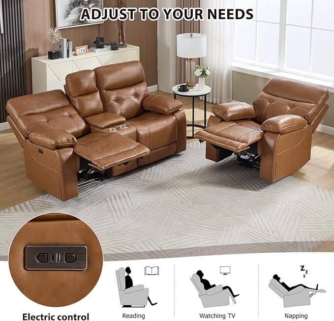 CANMOV Genuine Leather Power Recliner Sofa Set, Power Recliner Chair and Loveseat Set, 2 Pieces Leather Couch with Storage Console, USB Ports, Cup Holders for Living Room,Brown