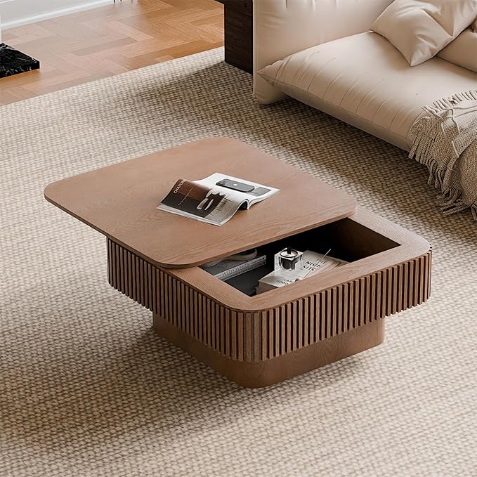 Square Coffee Table for Living Room,Fluted Drum Accent Tea Center Table with Storage,Solid Wood Modern Coffee Tables for Small Space Office Apartment (31.5" L×31.5''W×14''H-Walnut)