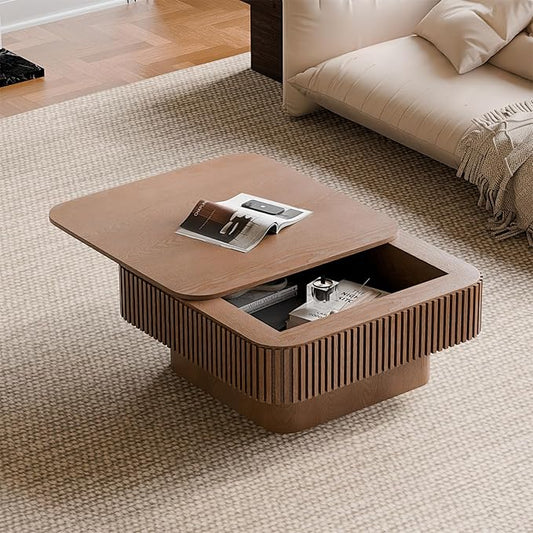 Square Coffee Table for Living Room,Fluted Drum Accent Tea Center Table with Storage,Solid Wood Modern Coffee Tables for Small Space Office Apartment (31.5" L×31.5''W×14''H-Walnut)