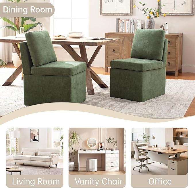 VKNOW Upholstered Dining Chairs, Modern Kitchen Chairs with Storage, Linen Armchair Dining Room Chairs for Kitchen Room (Green, Set of 1)