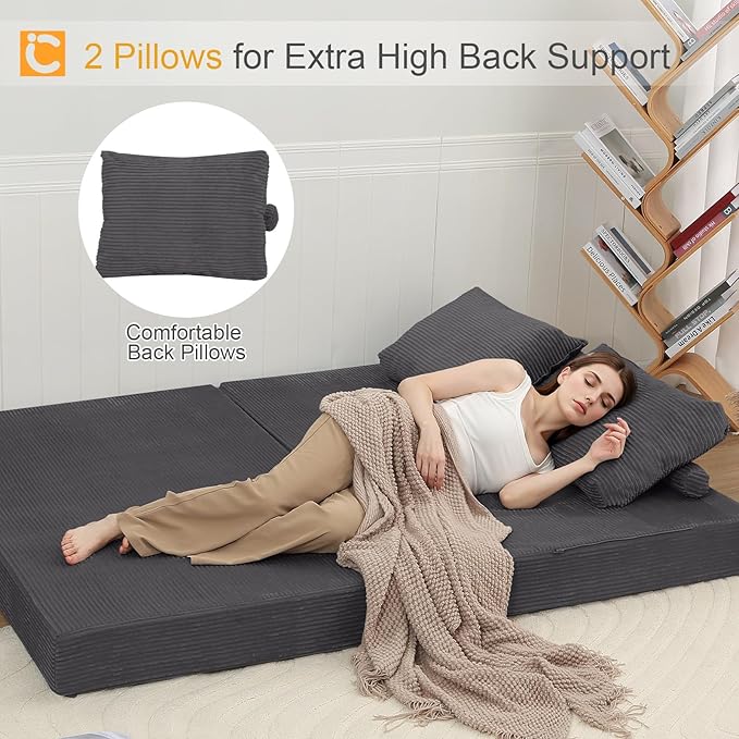 COMAX Convertible Sofa Bed, Folding Floor Couch Corduroy Fold Out Couch Bed Futon Sleeper Mattress with Pillows, Boneless Sofa Comfy Lounge Loveseat for Living Room Bedroom, Grey