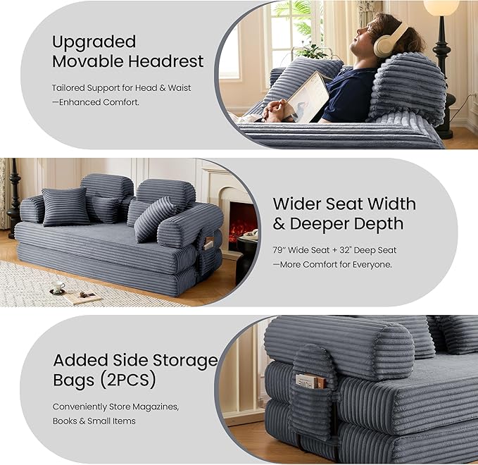 Convertible Sofa Bed,79'' Foldable Sleeper Lounge Modular Couch Comfort Compression Sofa Loveseat for Small Spaces Comfort for Apartment Bedroom (Corduroy Fabric, Dark Grey1)