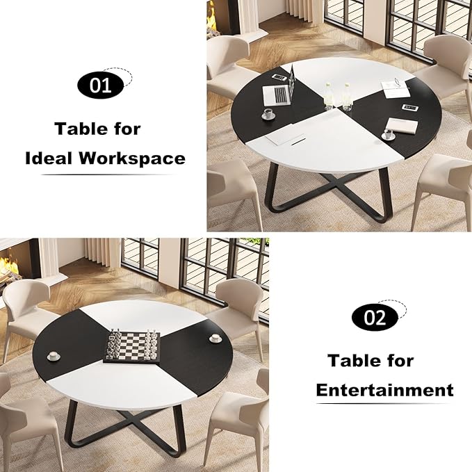 LVB Round Dining Table for 4 to 6 People, Industrial Wood Dining Room Table,51 Inch Farmhouse Kitchen Table for Home Kitchen Living Room,Black and White Oak