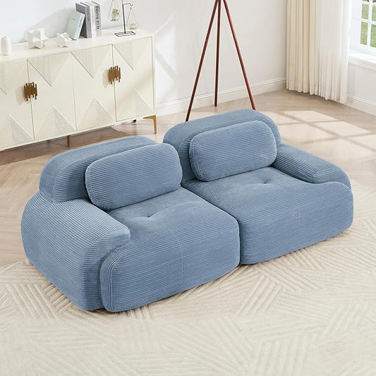 80" Modern Corduroy Boneless Love Seat Couches, 2 Seater Large Sectional Couches for Living Room, Blue Cloud Modular Sectional Sofa, Memory Foam, Extra Deep Loveseat, No Assembly
