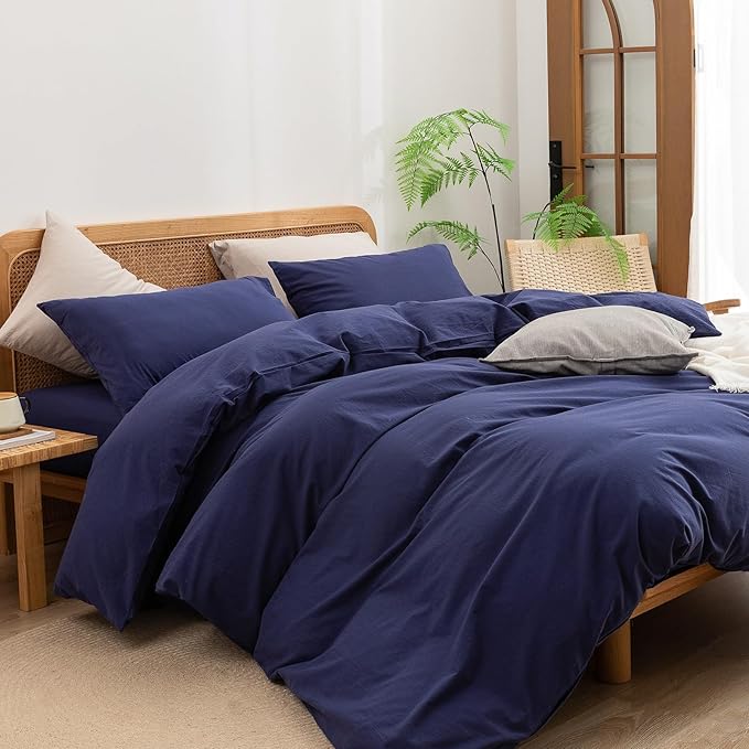 BESTOUCH Duvet Cover Set 100% Washed Cotton Linen Feel Super Soft Comfortable Chic Lightweight 3 PCs Home Bedding Set Solid Navy Blue Oversized Queen