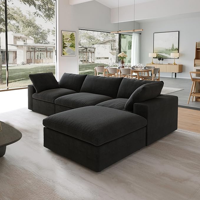 JACH L-Shaped Cloud Sectional Couches for Living Room, Modular Convertible Sofa, Ottoman with Storage, Thick Cushions, Couch Covers Removable, Cloud Sectional Sofas for Apartment (Black)