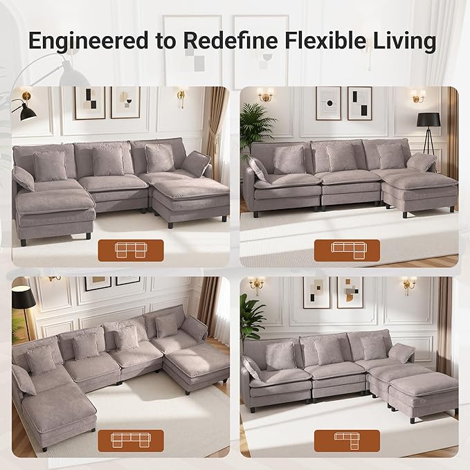 Claiks 110" Modular Sectional Sofa, Cloud Couch with Ottoman, U-Shaped 5-Seater Sofa in Chenille Fabric, Deep Seat Comfy Couch with Pillows for Living Room & Offices, Light Gray