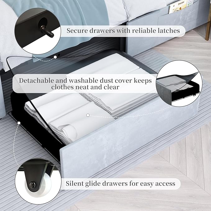 Queen Led Bed Frame with 2 Drawers, Modern Sturdy Adjustable Upholstered Crystal Button Tufted Headboard Platform Bedframe with Storage, No Box Spring Needed, Noise-Free, Easy Assembly, Velvet Grey