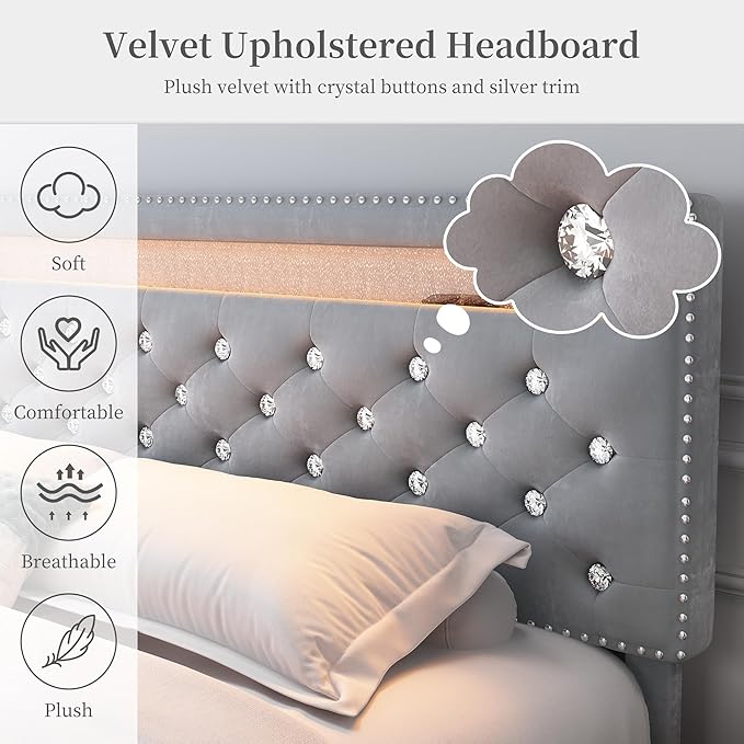King Led Bed Frame with 2 Drawers, Modern Platform Bedframe with Adjustable Upholstered Crystal Button Tufted Headboard and Storage, No Box Spring Needed, Noise-Free, Easy Assembly, Velvet Grey