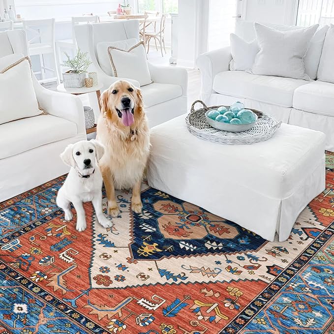 Lahome Boho Machine Washable Rugs - 5x7 Area Rugs for Living Room Non-Slip Oriental Throw Bedroom Rug Ultra-Thin Large Office Dining Room Rug Accent Floor Carpet for Kitchen Laundry Room