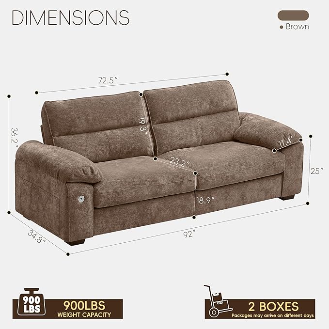 Ihanherry 92" Modern Sofa for Living Room, Deep Seat Chenille Couch with Fast Charging Port & Removable Washable Cushions, Pillow-Armrest Loveseat for Small Space/Apartment, Sturdy Frame, Brown