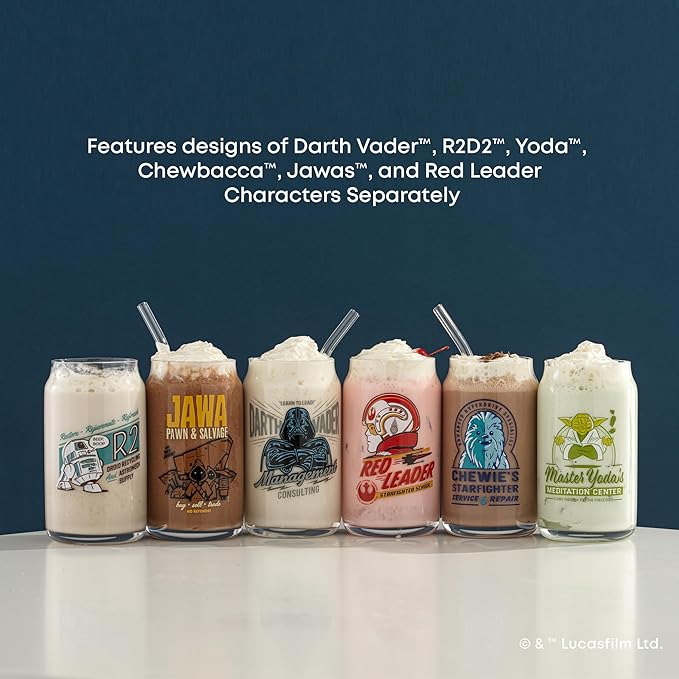 JoyJolt Star Wars Retro Vintage Collection 16.9oz Glass Tumblers - Featuring Darth Vader, R2D2, Yoda, Chewbacca, Red Leader, Jawa - Original Trilogy Drinkware, Set of 6 with Glass Straws