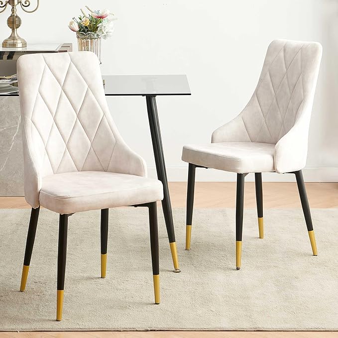 NORDICANA Upholstered Velvet Dining Chair Set of 2, Beige Armless Side Chair with Metal Legs for Home Kitchen