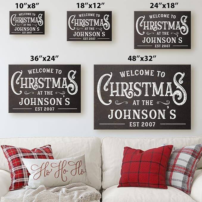 Milweb1 Personalized Family Name Welcome To Christmas/Rustic Vintage Farmhouse Holiday Decor Canvas Sign Holiday Decorations Wall Decor Print (12"x18")