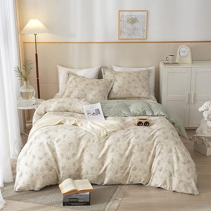 LifeTB Garden Style Floral Duvet Cover Queen Soft Cotton Boho Floral Bedding Sets Chic Shabby Botanical Queen Duvet Cover Girl Women Vintage Floral Comforter Cover with Zipper Closure 4 Ties