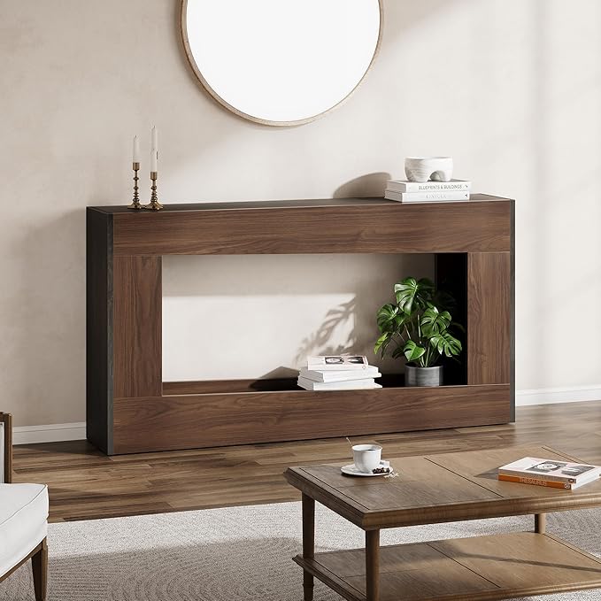 63-Inch Wood Console Table, Long Entryway Table with Storage Shelf, Farmhouse Narrow Sofa Table Behind The Couch for Living Room, Entryway, Hallway (Brown & Black)
