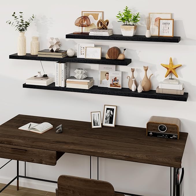 Fun Memories Floating Shelves for Wall, 55Inch Floating Shelves Set of 2, Hanging Shelf with Invisible Brackets, Wood Shelves for Living Room, Bedroom, Kitchen, Black
