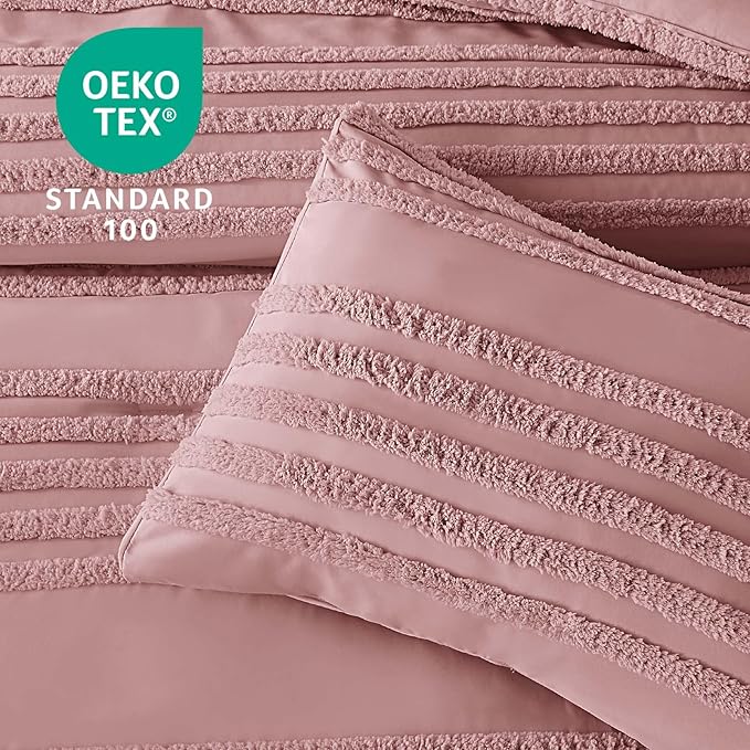 BEDELITE Boho Twin/Twin XL Comforter Set，Dusty Pink Tufted Striped Bed Set 2 Pieces, Soft Vintage Farmhouse Comforter for College, Boho Home Dorm Decor, Fluffy Jacquard Bedding with 1 Pillow Sham