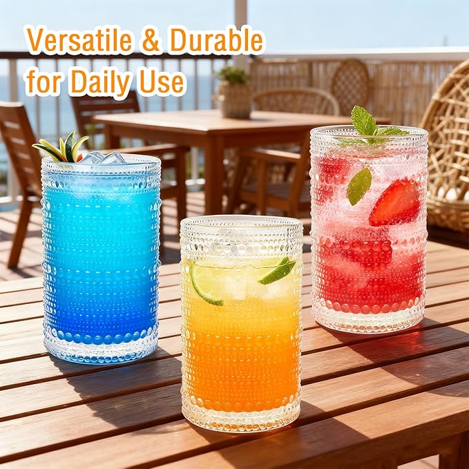 Mapoxy Hobnail Drinking Glasses Set of 12, 12 Oz Highball Glasses, Clear Embossed Water Glass Cups for Beer, Whiskey, Juice & Cocktails, Multi-Use Boho Glassware Set for Home, Bar, Kitchen & Gifting