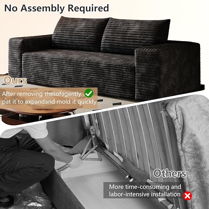 Cloud Loveseat Sofa, Modern Corduroy 2-Seater Couch with Deep Seat, No Assembly Required Memory Foam Sofa, Boneless Sofa in a Box for Bedroom, Apartment, Office,Small Space (Black,70.8in)