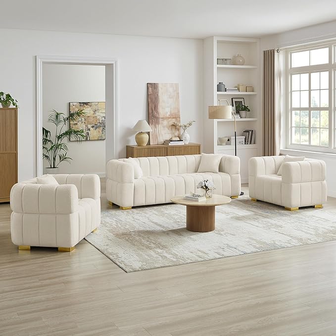 VANOMi Sofa and Chair Set, Modern Deep Seat Couch & Boucle Sofa Chairs, Oversized Upholstered Couch Sets for Living Room, Apartment, Office, Bedroom, White (3 Pieces)