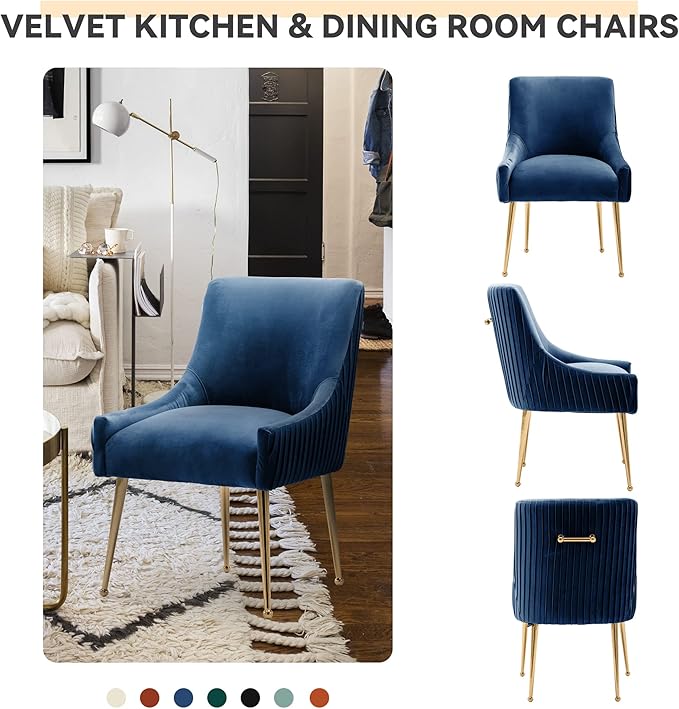 Dining Chairs, Accent Chairs Set of 2, Modern Upholstered Kitchen Dining Chairs with Gold Legs, Fabric Tufted Velvet Living Room Chairs for Reception Room Bedroom Kitchen(Navy Blue)