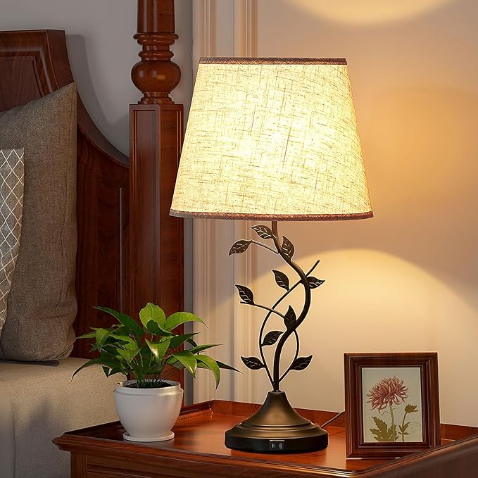 Kakanuo USB Touch Table Lamp Bedside Lamp with USB C Charging Ports for Living Room, Beige 3 Way Dimmable Traditional Nightstand Lamp Retro Table Lamp for Bedroom and Office (LED Bulb Included)