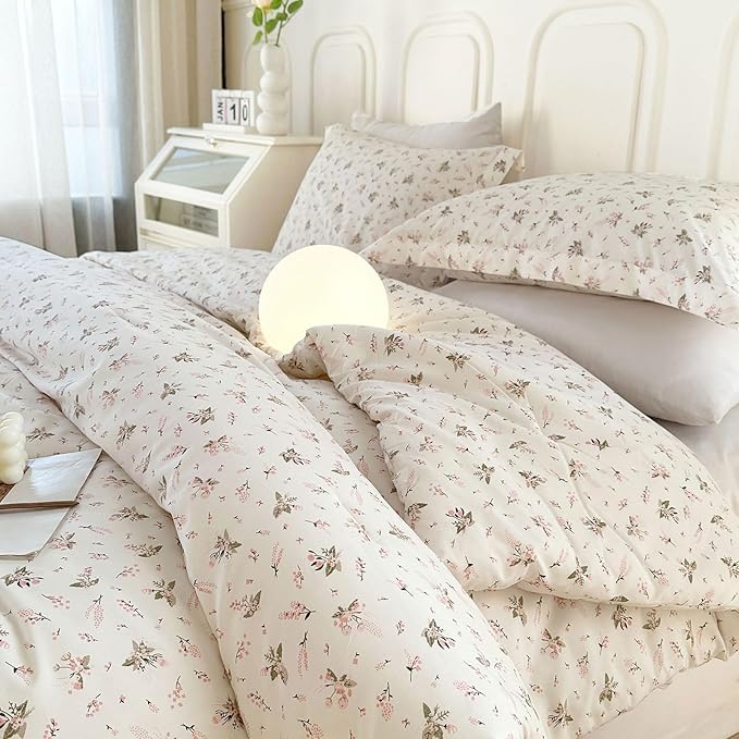 EAVD Vintage Style Garden Pink Floral Bedding Full Size Comfortet Set Boho Soft Washed Microfiber Bedding Comforter Set 1 Pink Floral Comforter and 2 Pillowcases Chic Botanical Comforter Set