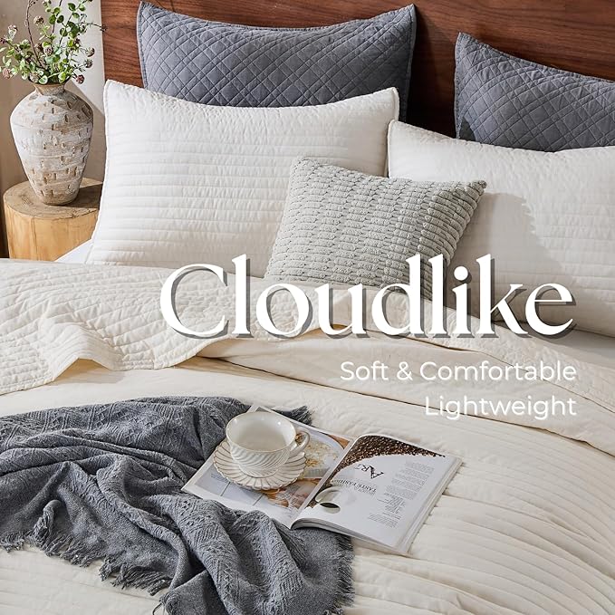 DOWN HOME Queen Quilt Bedding Set with Shams, Vintage Washed Soft Quilted Blanket Thin Comforter Lightweight Bedspread Coverlet Bed Cover, Brushed Microfiber Stripe Stitching, Linen White, 86"x90"