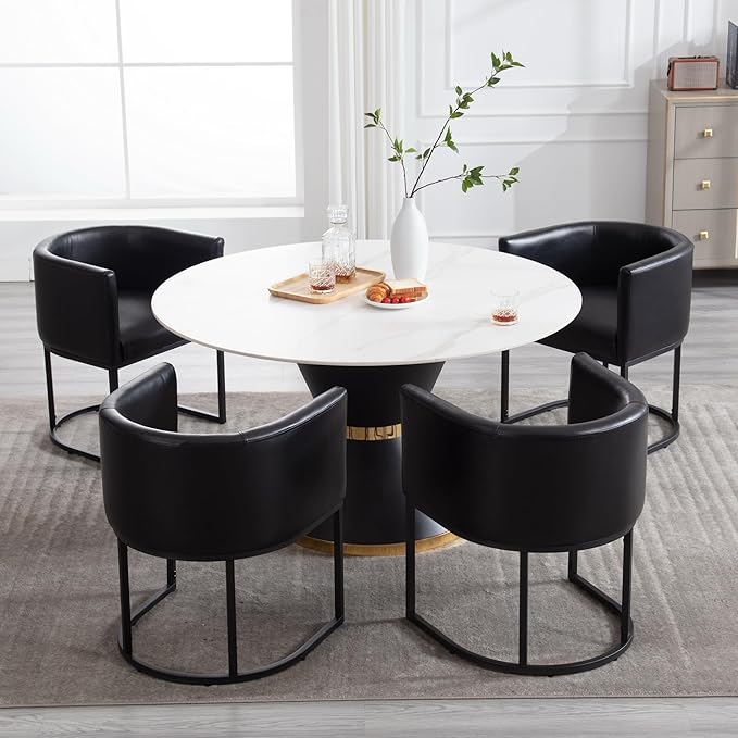 Faux Leather Dining Chairs Set of 4 Modern Barrel Arm Chairs with Black Metal Frame, Upholstered Kitchen Chairs 18.5" Wide Accent Chair for Living Room Dining Room Restaurant, Black