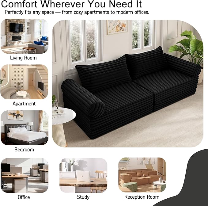 MeMoreCool Convertible Sofa Bed, Folding Floor Couch Bed Queen, Pull Out Sleeper Couch with Pillows, Fold Out Futon Sofa for Bedroom Living Room Small Space, Corduroy Black