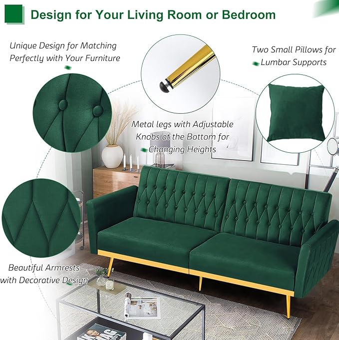 70” Velvet Futon Sofa Bed w/Adjustable Backrests and Armrests, Convertible Futon Couch with 2 Pillows, Modern Tufted Sleeper Bed for Living Room, Bedroom,Green