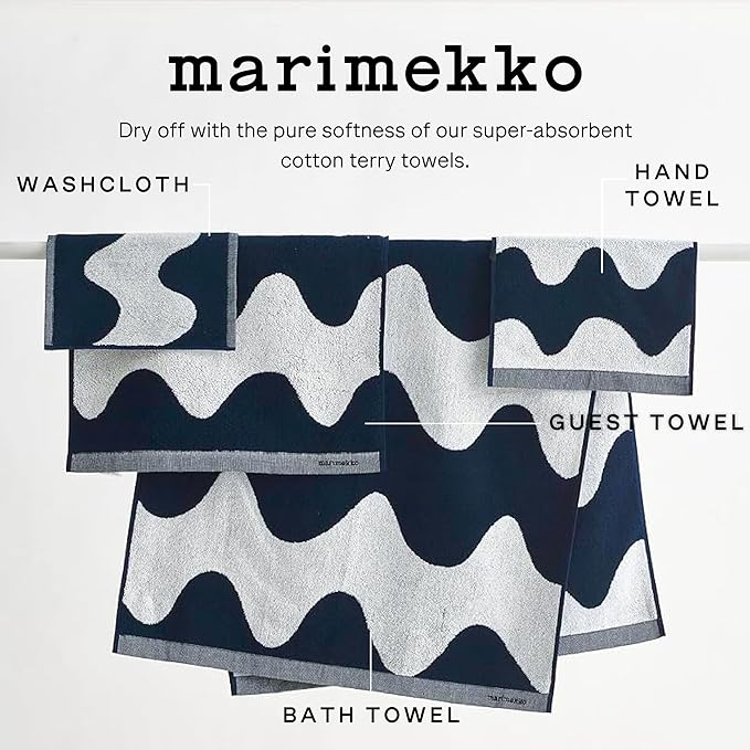 MARIMEKKO Lokki Terry Cotton Washcloth (Dark Blue) – Waves Patterned Washcloths – 12 in x 12 in