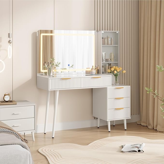 Makeup Vanity Desk with Mirror and Lights, 48" Fluted Makeup Table with Glass Top, Vanity Desk with 5 Drawers, Open Shelf & Power Outlet, Modern Dressing Table for Bedroom Living Room