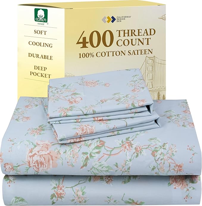 California Design Den Floral Pattern King Size Sheets Set - Luxury 400 Thread Count, Natural 100% Cotton Sateen, Deep Pocket King Sheets, Cooling and Durable Bedding Set - Antique Rose
