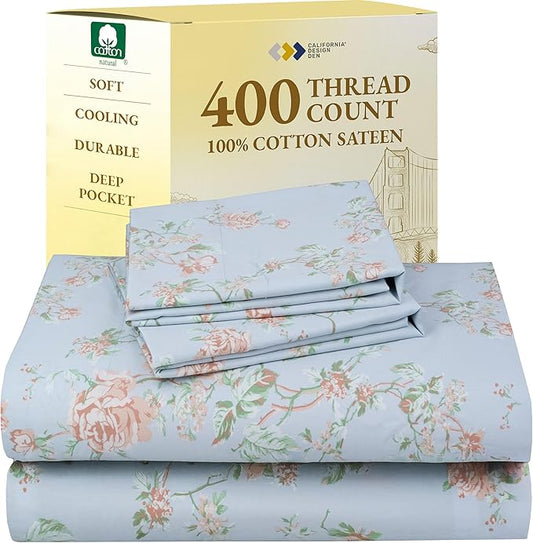 California Design Den Floral Printed Queen Sheet Set - 400 Thread Count Sateen, Natural 100% Cotton Sheets Queen Size Bed Set, Deep Pockets, Cooling and Durable Bedding - Antique Rose