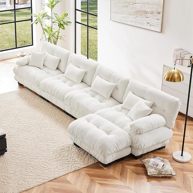 173.2" Oversized Couch, 4 Seater Modular Sectional Sofa, White Large L Shaped Fluffy Couch Set, Chenille Cloud Sofas with Ottoman for Living Room