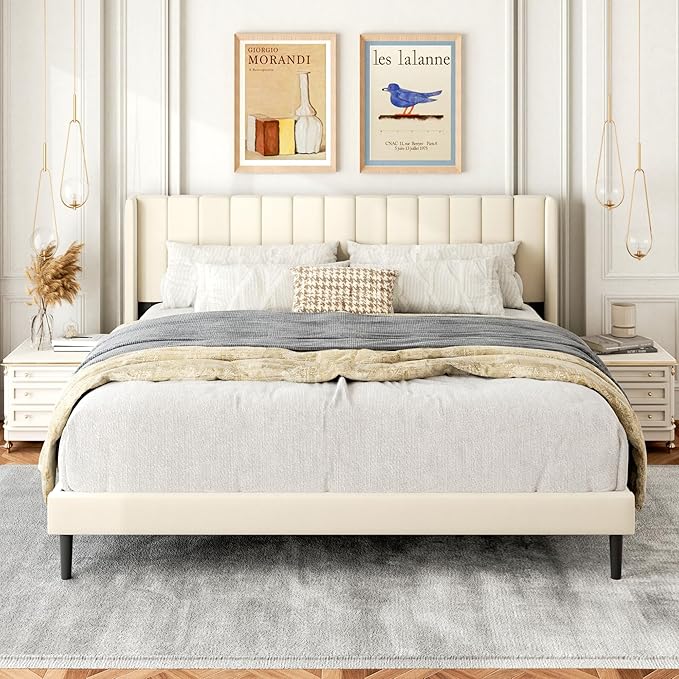 King Size Bed Frame with Wingback Headboard, Upholstered Platform Bed, No Box Spring Needed, Sturdy Wooden Slat Support, Easy Assembly, Cream