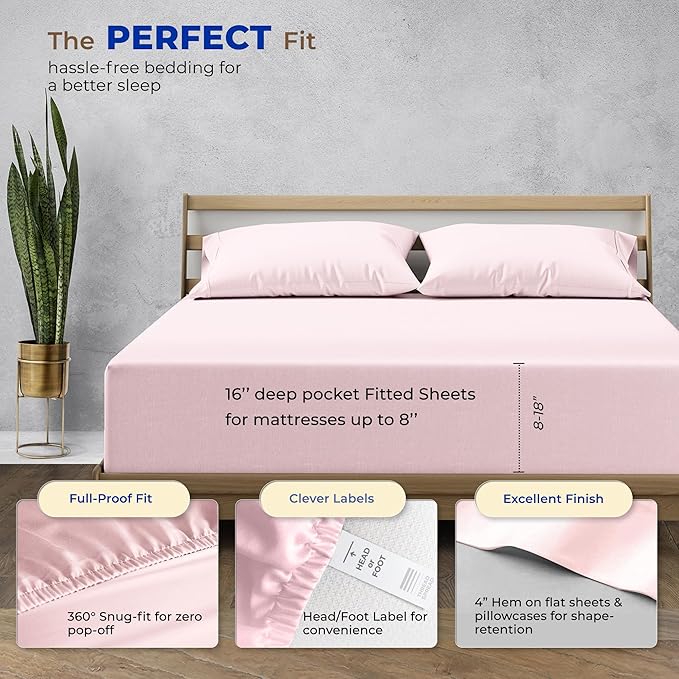 THREAD SPREAD 100% Pure Egyptian Cotton Sheets Queen Size - High Thread Count Sheets Queen Size, 4 PC Luxury Hotel Sheet for Queen Bed, 16" Deep Pocket Sateen Weave Cooling Bedding Sets - Blush