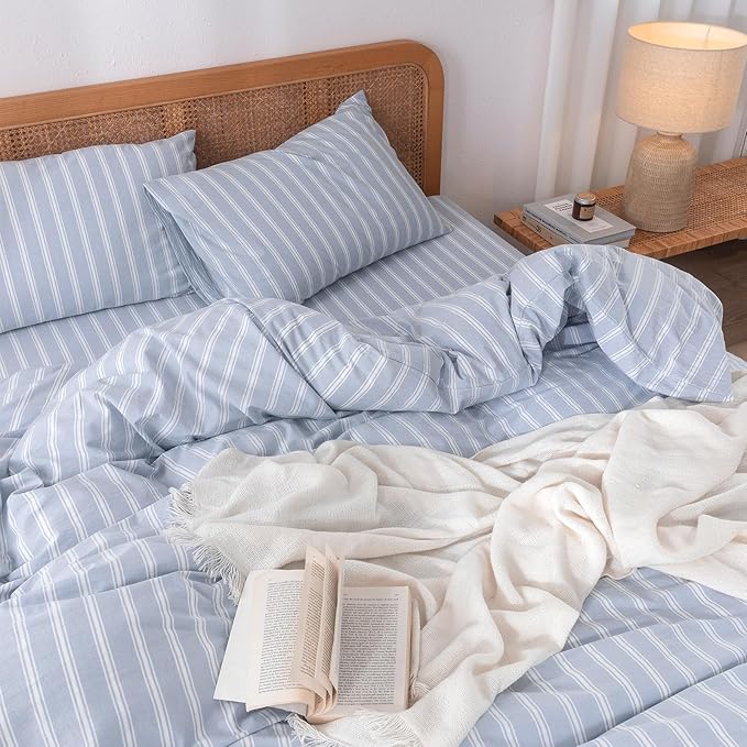 BESTOUCH Duvet Cover Set 100% Washed Cotton Linen Feel Super Soft Comfortable Chic Lightweight 3 PCs Home Bedding Set Cornflower Blue & White Stripes Queen