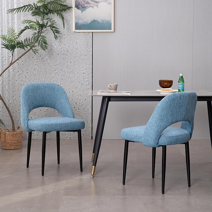 Modern Dining Chairs, Fabric Upholstered Accent Kitchen Chairs with Comfy Padded Seat & Sturdy Metal Legs, Side Farmhouse Chairs for Dining Room, Living Room, Restaurant (Blue, Set of 2)
