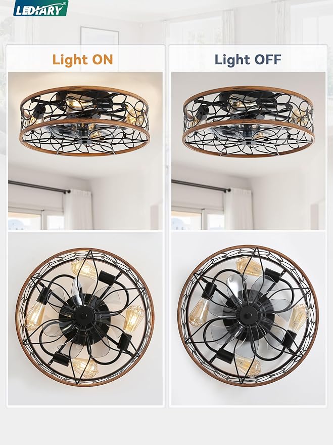 LEDIARY 20 Inch Caged Ceiling Fans with Lights, Farmhouse Flush Mount Ceiling Fan with Remote, Black&Walnut Low Profile Ceiling Fan Light Fixture for Bedroom, Kitchen, Dining Room