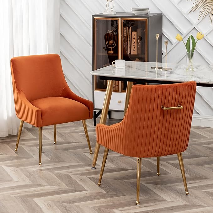 Dining Chairs, Accent Chairs Set of 2, Modern Upholstered Kitchen Dining Room Chairs with Gold Legs, Fabric Tufted Velvet Living Room Chairs for Reception Room Bedroom Guest Room (Orange)